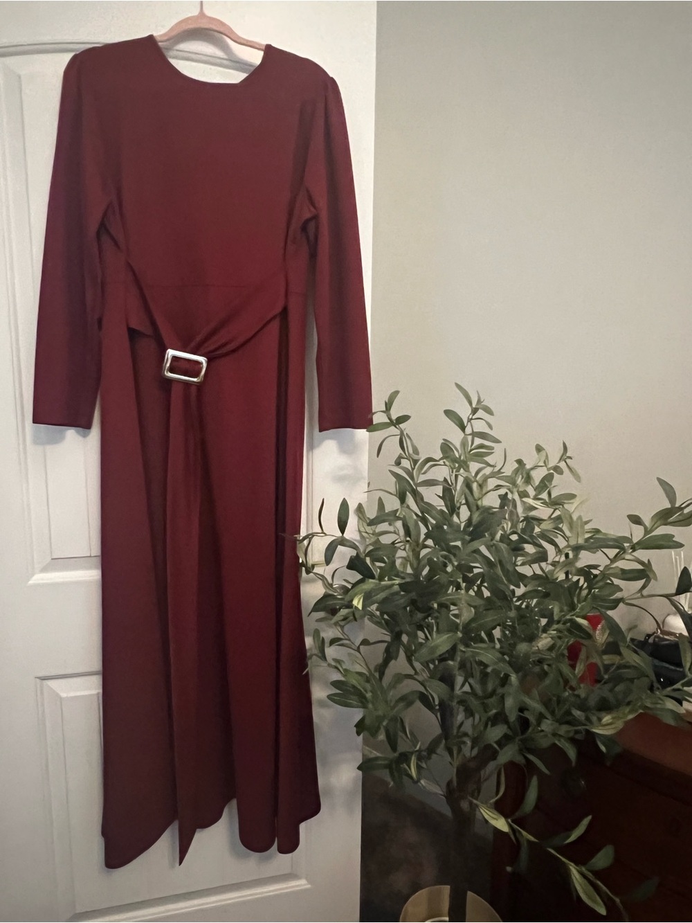 Women Burgundy Maxi Dress with Belt Size 48